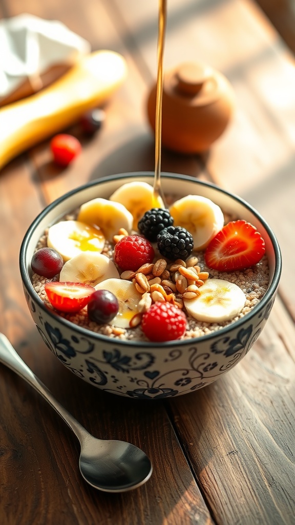 A nutritious quinoa and chia seed overnight breakfast bowl topped with berries and nuts.